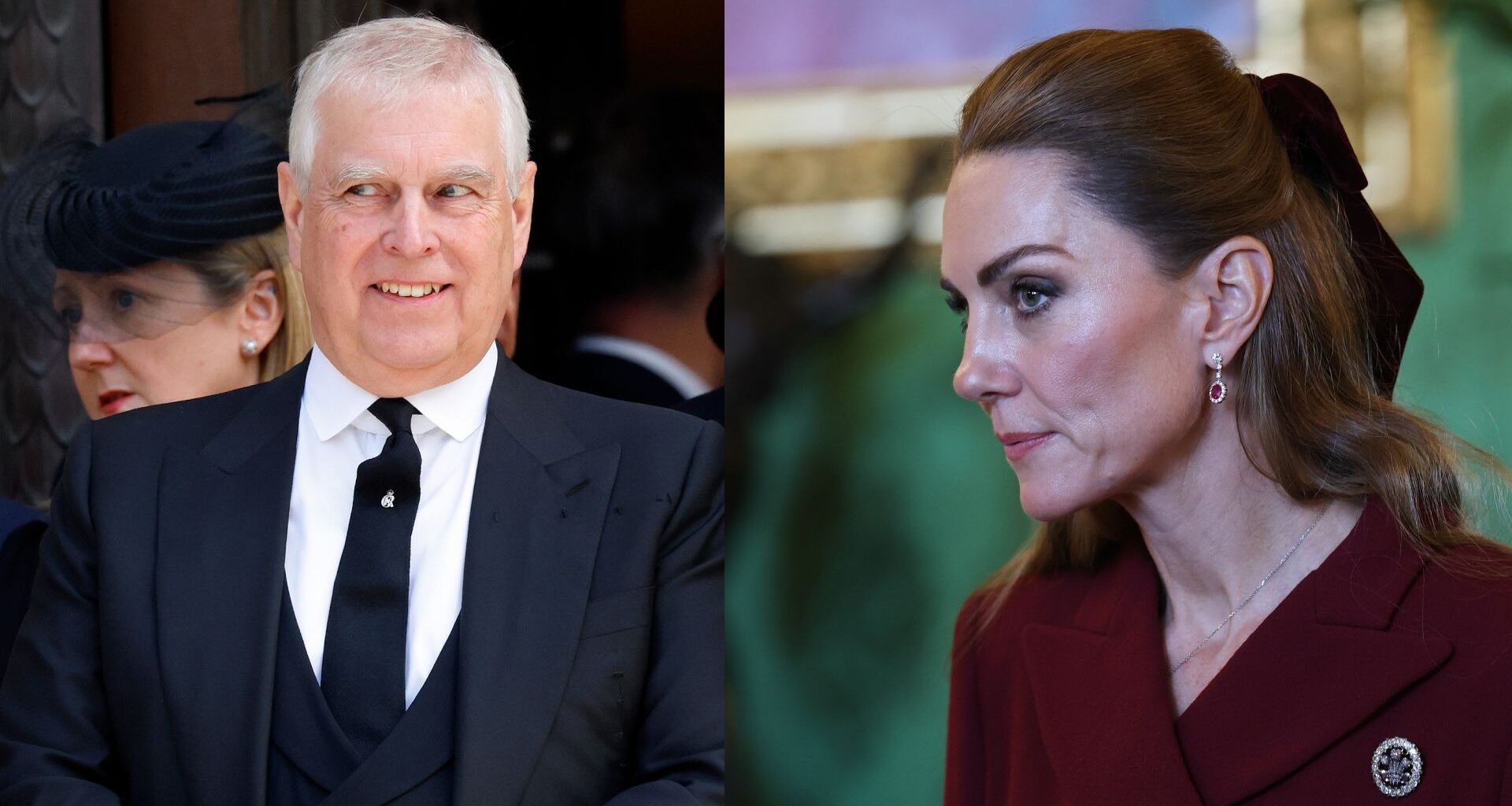 Prince Andrew smiling wearing a dark suit; Princess Kate in a burgundy coat and hair bow looking serious