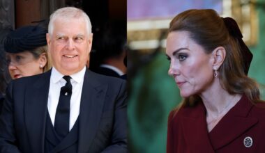 Prince Andrew smiling wearing a dark suit; Princess Kate in a burgundy coat and hair bow looking serious