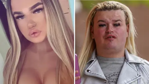 Instagram/Terry Blackburn Two photos of Ciara Watkin. In the left she is wearing heavy make up with long brown and blonde hair and a cleavage on display. On the right she is pictured outside court with much less make up, some slight stubble and long blonde hair.