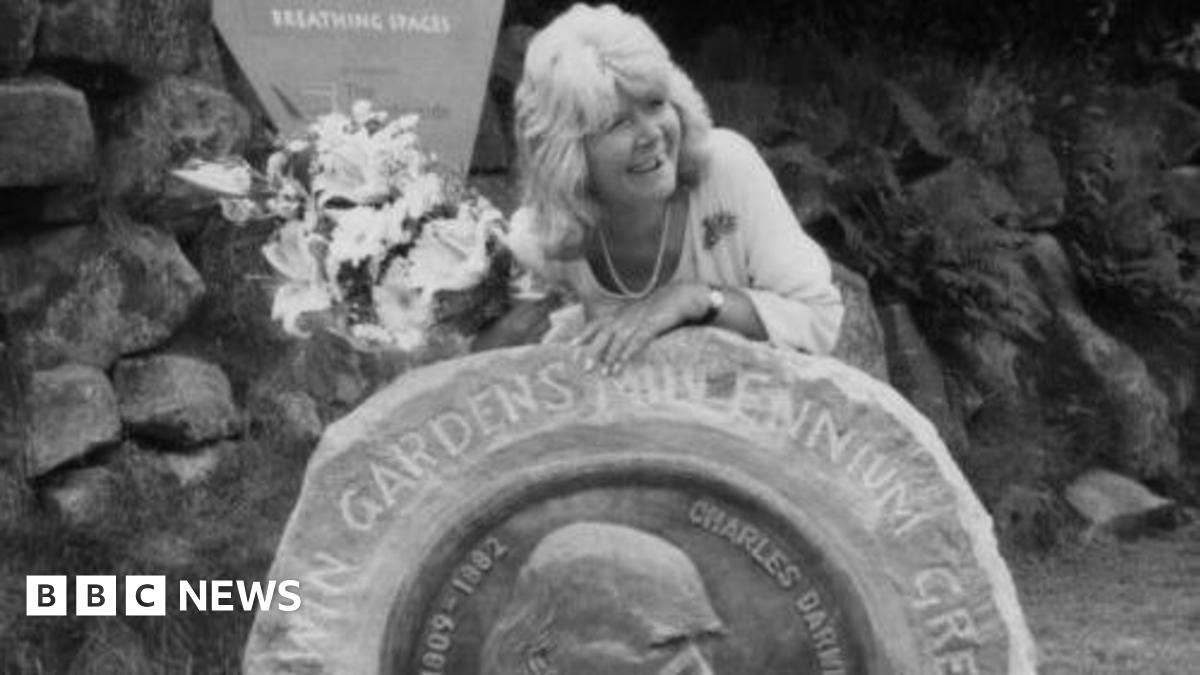 A black and white photo shows a woman with shoulder length grey hair leaning over a rock which is engraved with the words 'Darwin gardens millennium green'. She is holding a bunch of flowers and smiling.