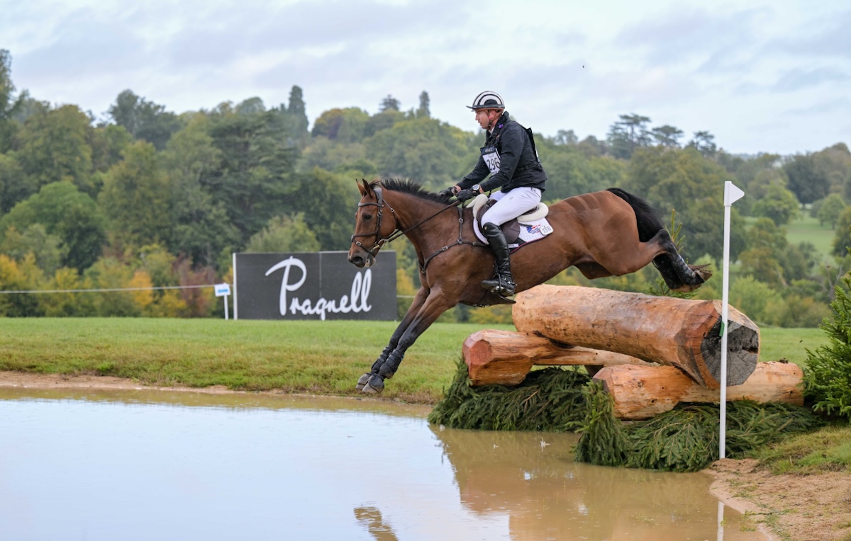 Jesse Campbell and Speedwell enter the water feature in the cross-country. Photo: Peter Nixon