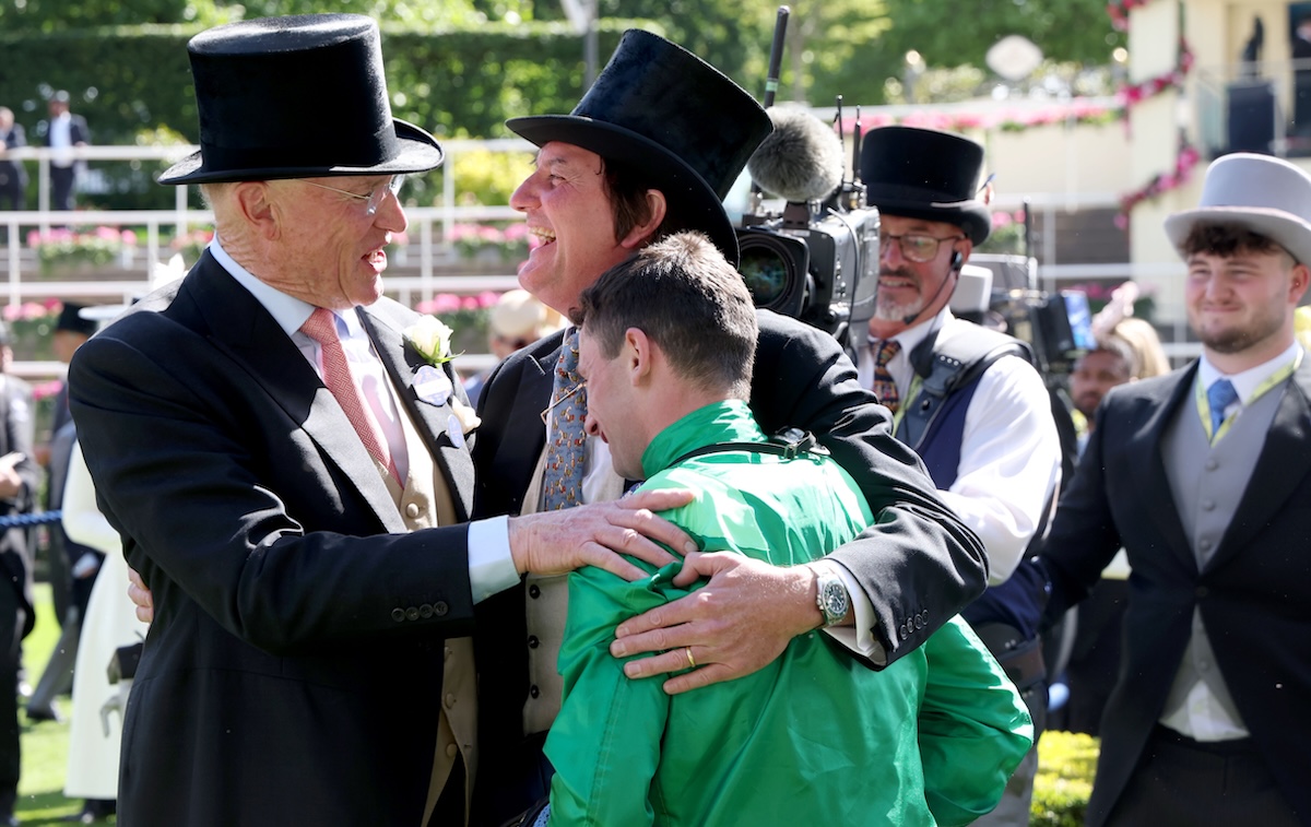 By royal appointment: David Howden (centre) celebrates with trainer John Gosden and jockey Oisin Murphy after Running Lion’s success in his silks in the Duke of Cambridge Stakes at Royal Ascot in 2024. Photo: Dan Abraham / focusonracing.com
