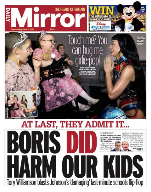 The headline on the front page of the Mirror reads: “Boris did harm our kids”.