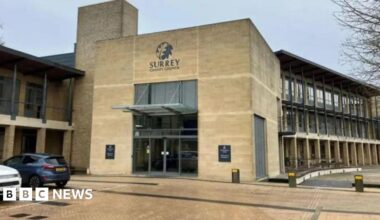 Exterior shot of the entrance of Surrey County Council HQ in Guildford