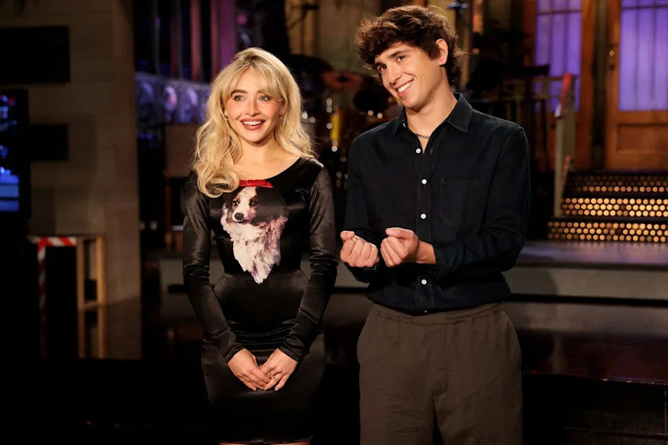 Sabrina Carpenter and Marcello Hernández in a promotional image for "Saturday Night Live" on Oct. 16, 2025.