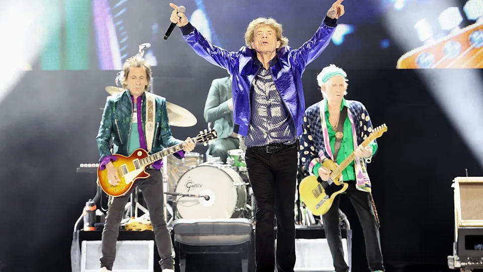 Ronnie Wood, Mick Jagger and Keith Richard of The Rolling Stones perform during the final night of the Hackney Diamonds '24 Tour at Thunder Ridge Nature Arena on July 21, 2024 in Ridgedale, Missouri. (Photo by Gary Miller/Getty Images)