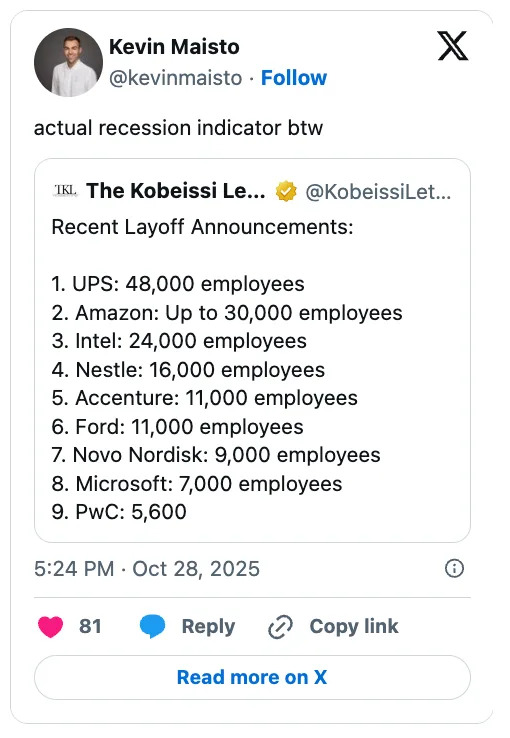 Tweet discussing recent layoff announcements at major companies, listing numbers affected at UPS, Amazon, Meta, Cisco, Accenture, Ford, and more
