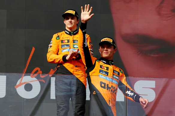 Race winner Lando Norris and second placed Oscar Piastri on the podium at the Hungarian F1 Grand Prix.