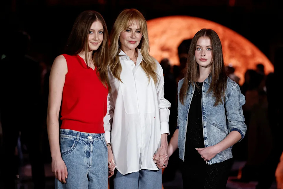 Sunday Rose Kidman Urban, Nicole Kidman and Faith Margaret Kidman Urban pose during a photocall before Chanel spring/summer 2026 womenswear fashion show during Paris Fashion Week in Paris on Oct. 6, 2025.