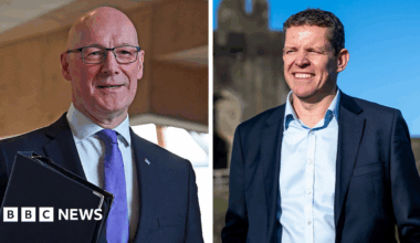 A composite picture of John Swinney holding a folder and Rhun ap Iorwerth standing in front of Caerphilly castle. They are both wearing suits and smiling.