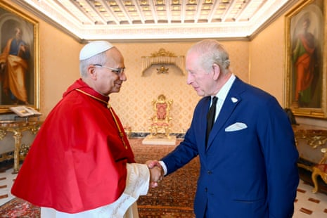 Pope Leo XVI meets with King Charles III during an audience at the Apostolic Palace.