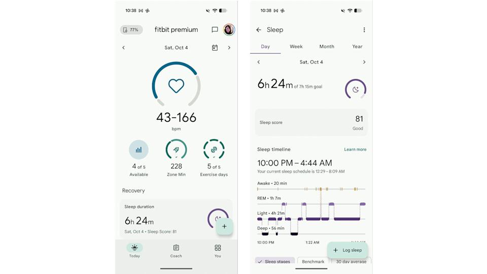 Two screenshots of the Fitbit app. The one on the left shows the main dashboard of a person's overall stats on Saturday, October 6. The one on the right shows the sleep page on the same day, with a score of 81 assigned and a total of 6 hours and 24 minutes logged. Below that is a chart with the sleep stages on a timeline.