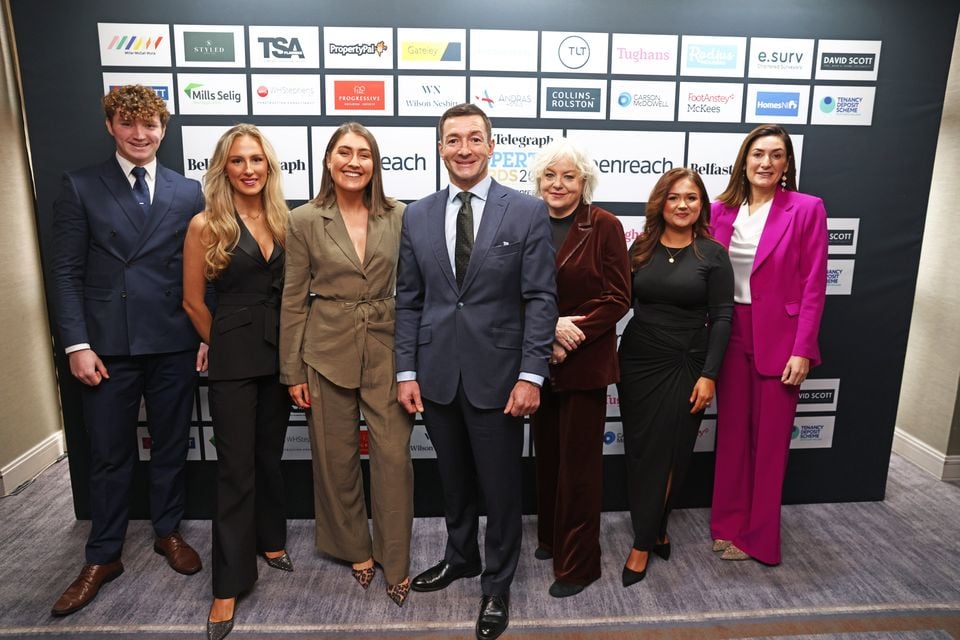 Belfast Telegraph Property Awards 2025 in partnership with Openreach. John Minnis Estate agents: Chad Morris, Amy Kimber, Abble Parkins, John Minnis, Heather Lyons, Katie Brown and Sarah Minis (Credit: Peter Morrison)