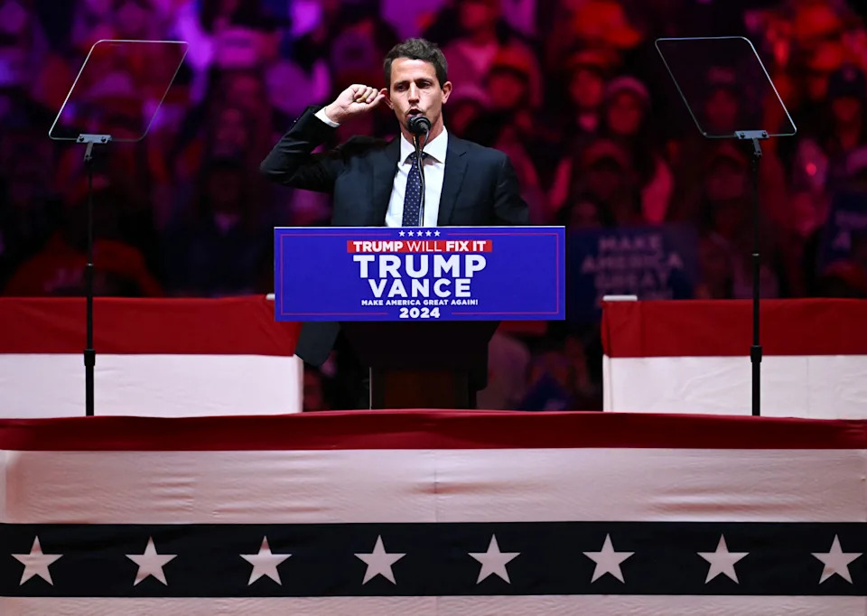 Comedian Tony Hinchcliffe addresses a campaign rally for Republican presidential nominee Donald Trump at Madison Square Garden in New York City on Oct. 27, 2024.