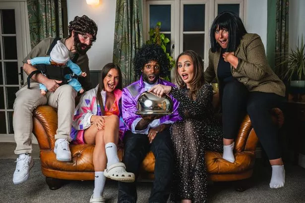 MAFS cast attend Ella's night and come in fancy dress as an Icon. Pictured: (L-R) Kieran Chapman, Kristina Goodsell, Paul Liba, Ella Morgan, Emma Barnes.