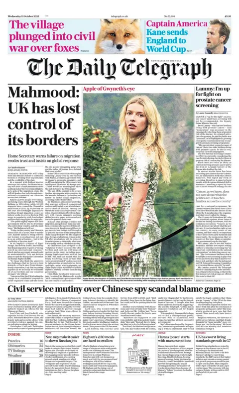 The headline on the front page of the Telegraph reads: “Mahmood: UK has lost control of its borders”.