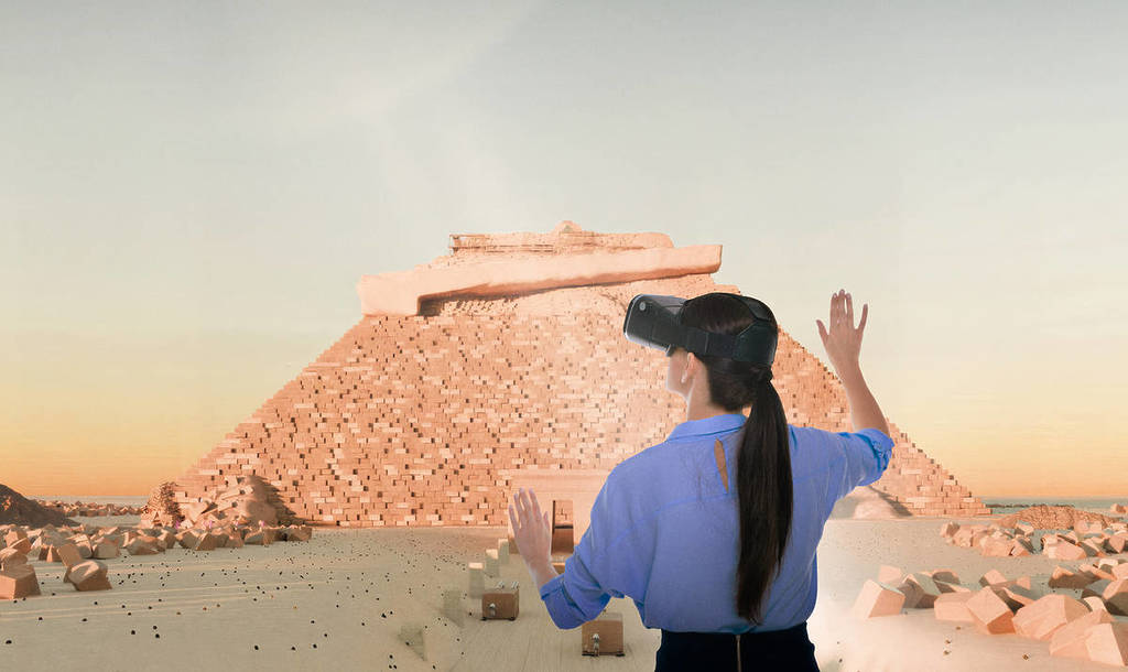 a rendering of a woman wearing a VR headset looking at a pyramid at the Seven Wonders Of The World Exhibition