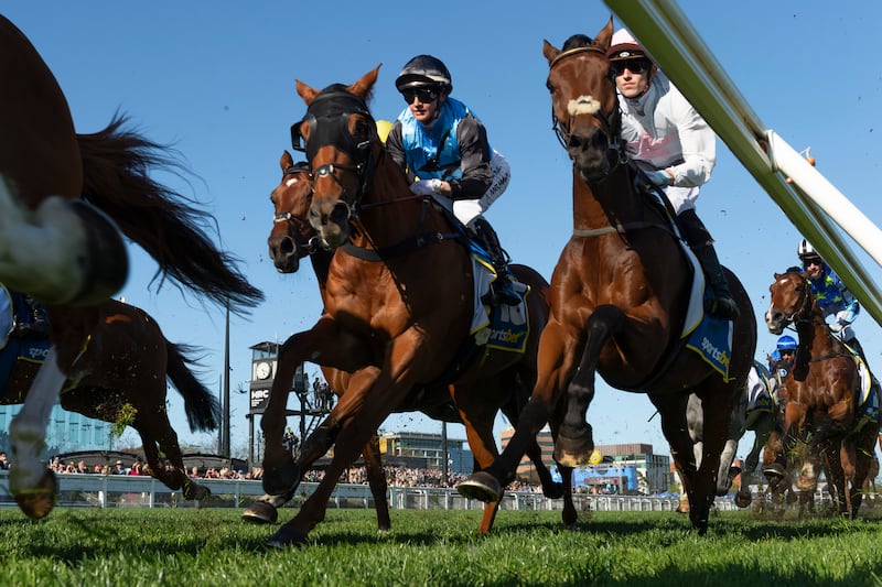Jamie Melham riding Half Yours and Ben Allen on Absurde at the Sportsbet Caulfield Cup in Melbourne last week. Photograph: Vince Caligiuri/Getty Images