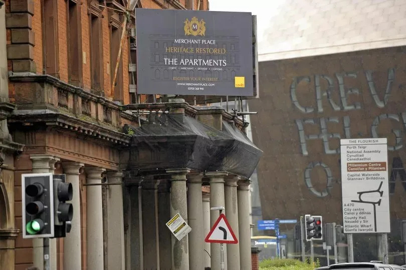 The abandoned building is in the shadow of the Welsh Millennium Centre