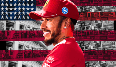 Lewis Hamilton smiling and looking happy on an edit of the US flag in the background