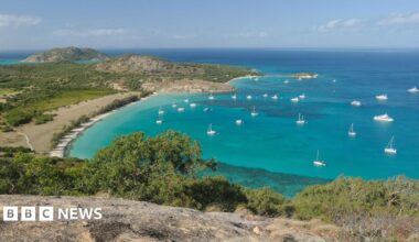 Small and large boats in a bay with turquoise waters
