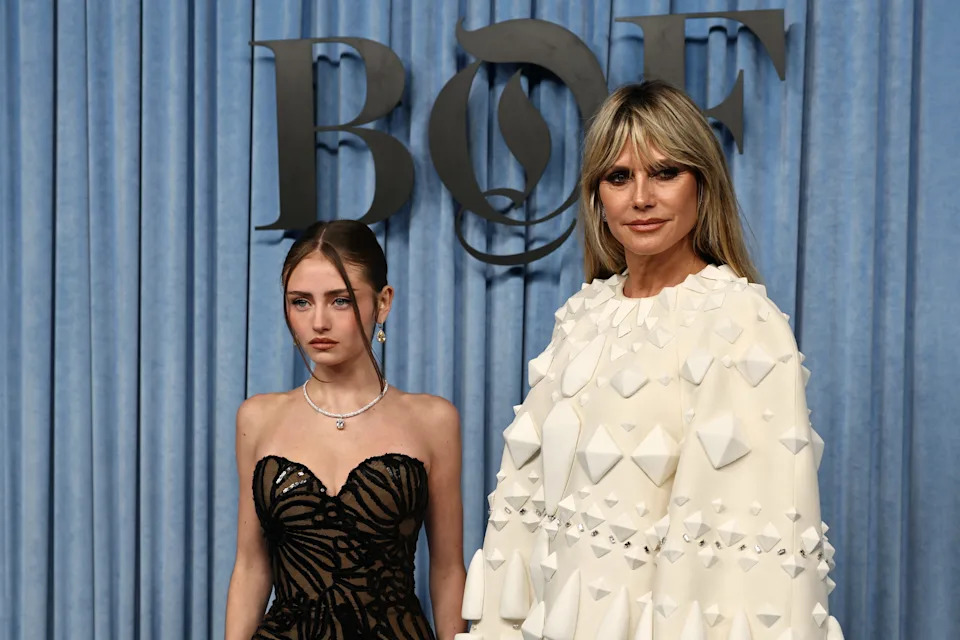 Heidi Klum, right, and her daughter Leni Klum pose together at The BoF 500 Gala at the Shangri-La Hotel in Paris on Oct. 4, 2025.
