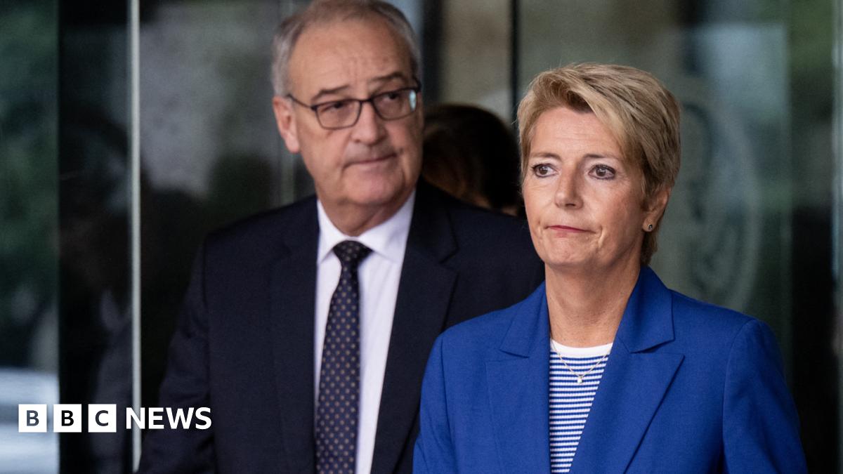 A gloomy looking Karin Keller-Sutter, with economy minister Guy Parmelin, leave the US Department of State after talks in August.