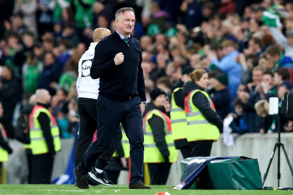 Northern Ireland boss Michael O'Neill shows his delight following his side's victory over Slovakia