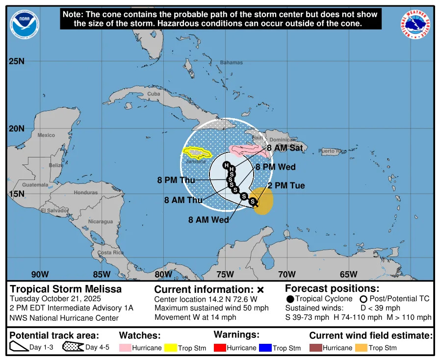 On Oct. 21, 2025, the forecast path of Tropical Storm Melissa shows the storm's slow movement across the Caribbean over the next few days.