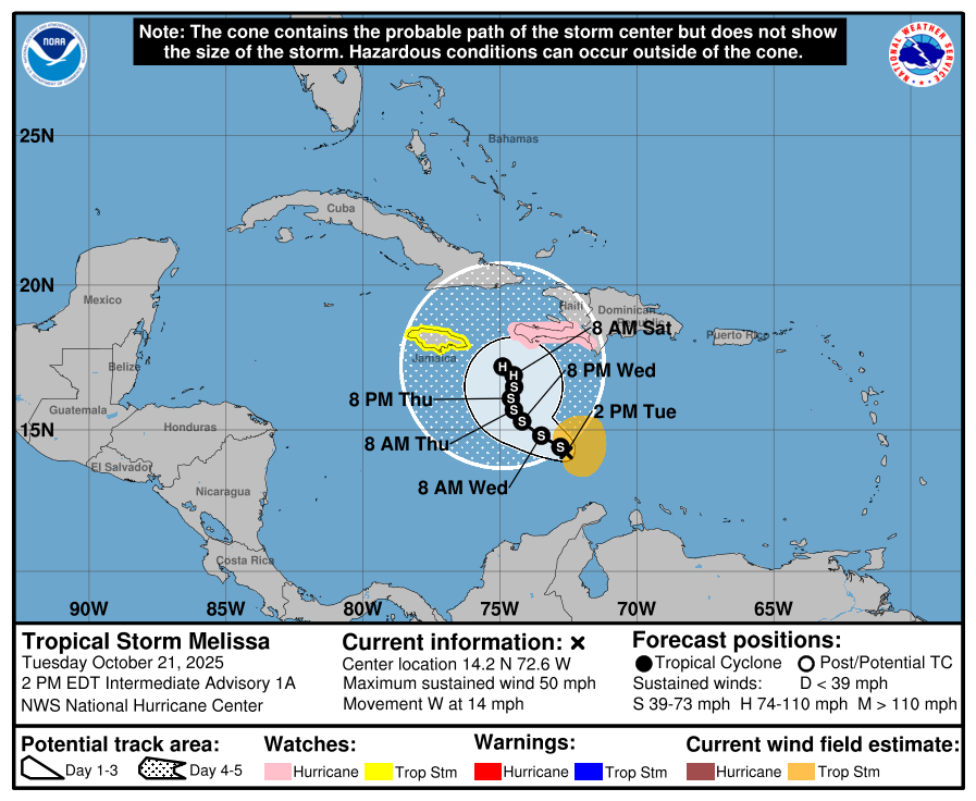 On Oct. 21, 2025, the forecast path of Tropical Storm Melissa shows the storm's slow movement across the Caribbean over the next few days.