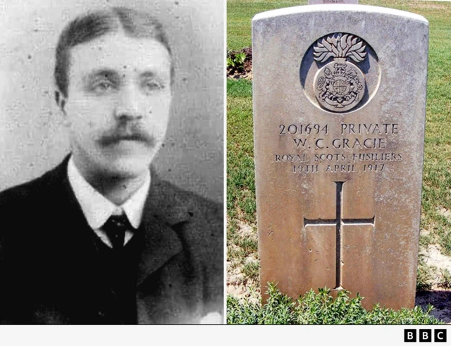 Walter Chisholm Gracie, pictured left, and a photo of his grave in Gaza taken before the current conflict