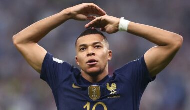 Kylian Mbappe gestures after scoring for France against Argentina in the 2022 World Cup final.