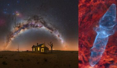 A small, lit house sits on a barren landscape under an arched, star-filled Milky Way. To the right is a colorful, red and blue nebula set against a dark space background.