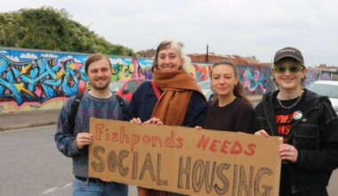 Fishponds Neighbours for Social Housing members including Tom Youngman in front of the Graphic Packaging International development site.