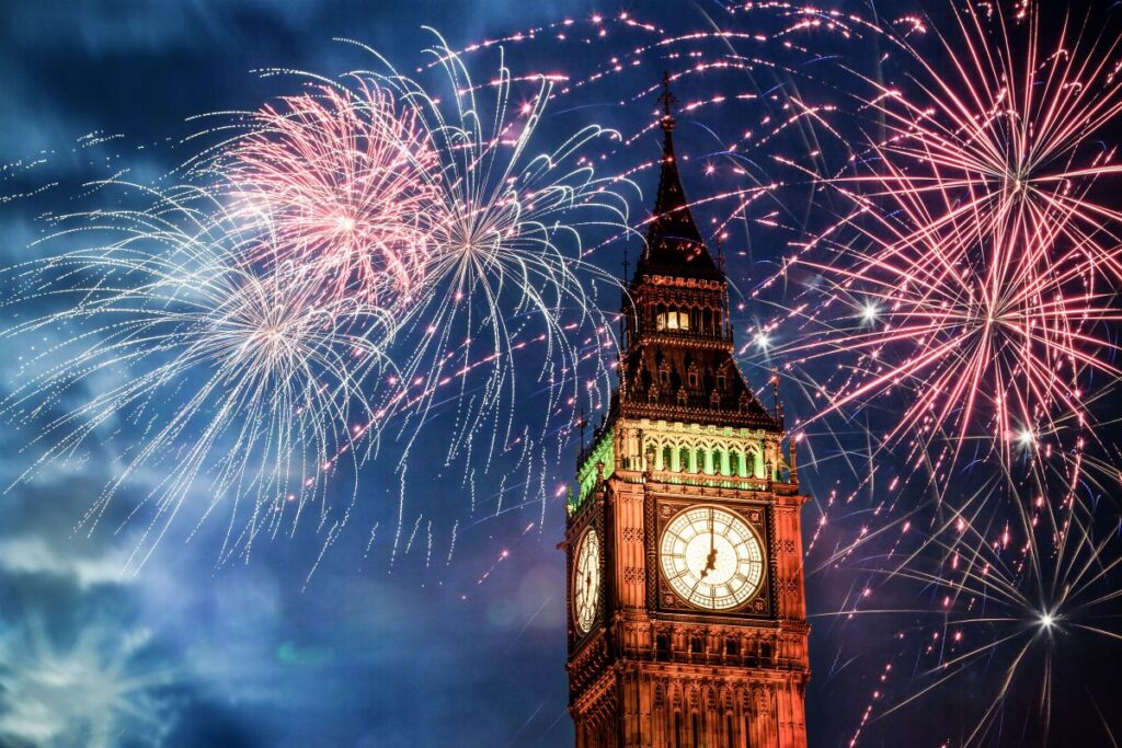 Fireworks around Big Ben on New Year's Eve in London