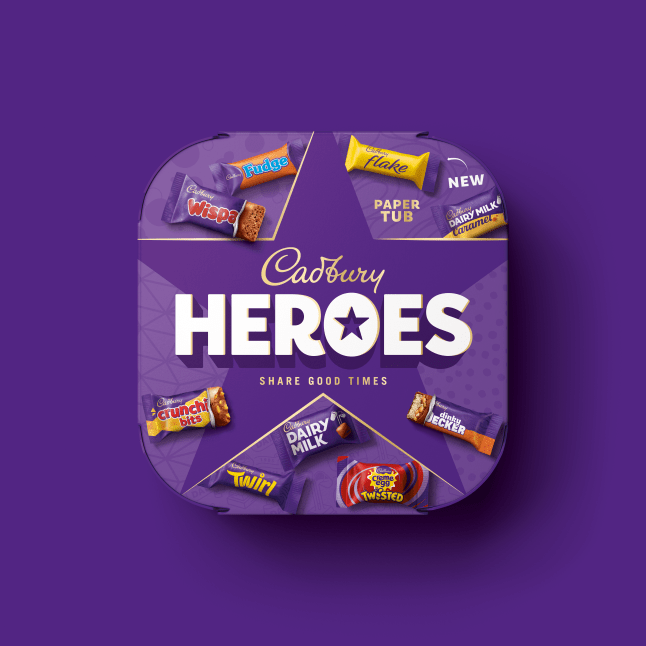 Cadbury's new paper tub for Heroes, featuring Flake