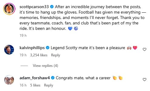 A screenshot of Kalvin Phillips and Adam Forshaw commenting on Scott Carson's Instagram post