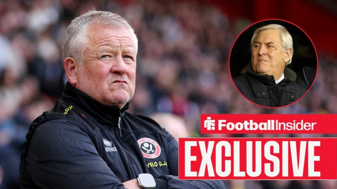 Sheffield United boss Chris Wilder standing on the touchline alongside a headshot of Keith Hackett in a circular frame