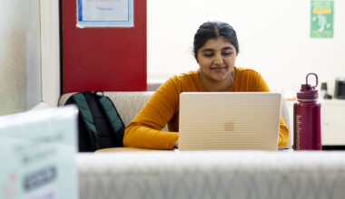 A female Northeastern student with dark hair shown in an orange sweater at work on a laptop.