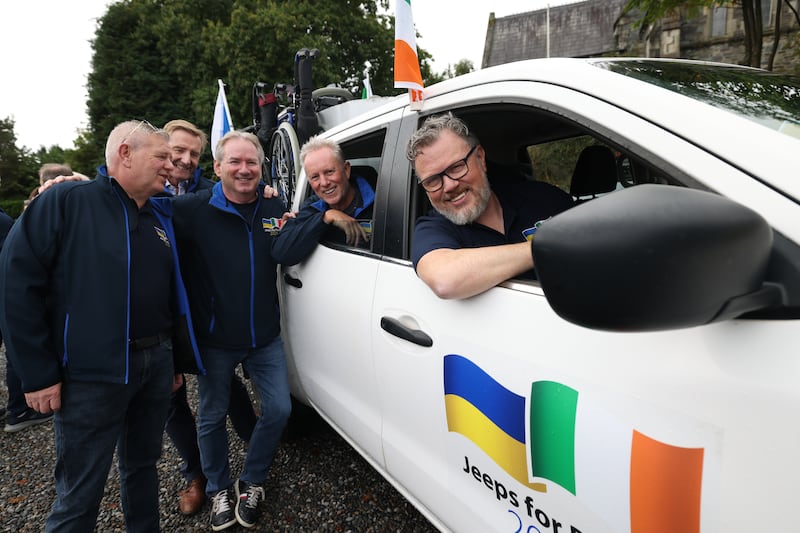 From left: Luke Ferguson, Eddie Evans, Steven Byrne, Greg Lawless and Paul Mulligan among a group of friends embarking on a humanitarian mission to Ukraine to deliver sports utility vehicles (SUVs), ambulances and minibuses along with medical supplies to the Ukrainian army. Photograph: Bryan O’Brien/ The Irish Times
