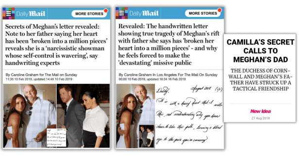 Collage of tabloid headlines showing Daily Mail articles by Caroline Graham publishing Meghan Sussex’s private letter to her father in 2019, alongside a New Idea headline about Camilla allegedly making secret calls to Thomas Markle.