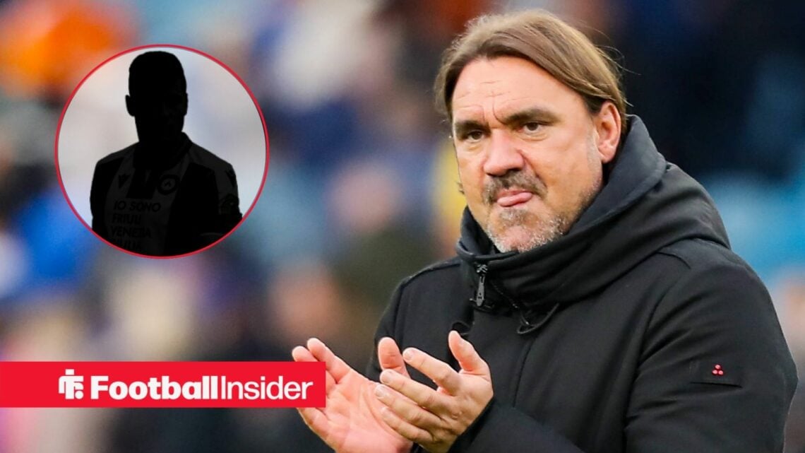 Daniel Farke clapping with his tongue out, Jaka Bijol's silhouette in a circular inset