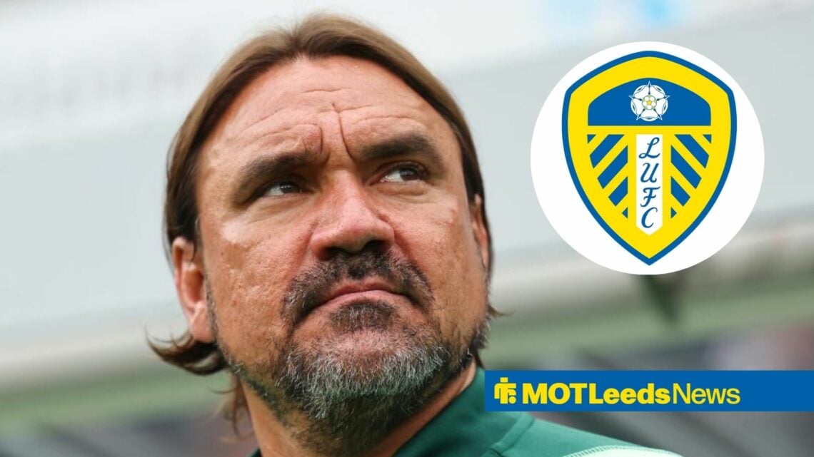 Close-up of Daniel Farke pondering with Leeds badge in circular inset