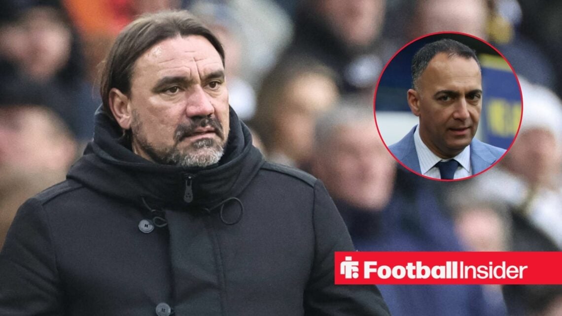 Daniel Farke on the touchline at Elland Road, with Paraag Marathe in a circular inset