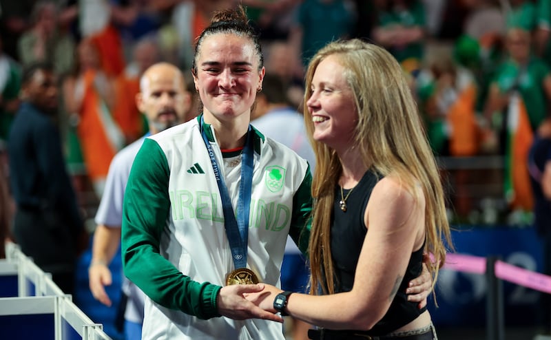 Kellie Harrington with her wife Mandy after the medal ceremony at the Paris Games. Photograph: James Crombie/Inpho