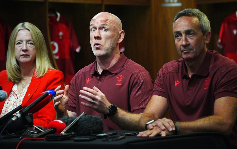 Wales head coach Steve Tandy (centre) with WRU chief executive Abi Tierney and WRU director of rugby and elite performance Dave Reddin