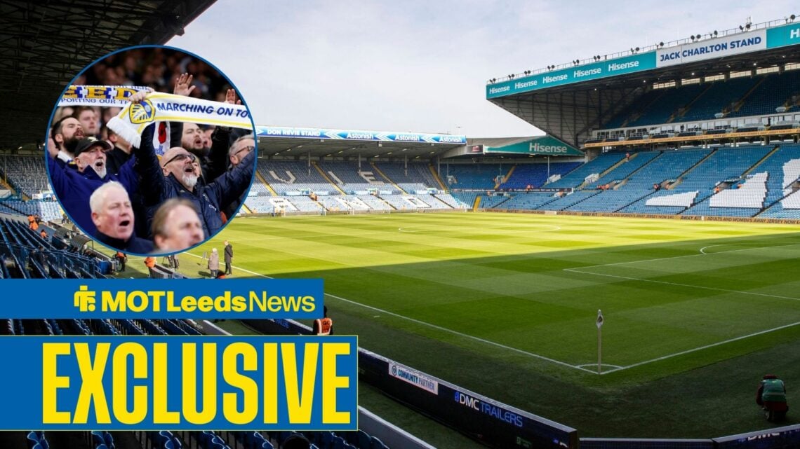 Elland Road with Leeds fans in left circular inset
