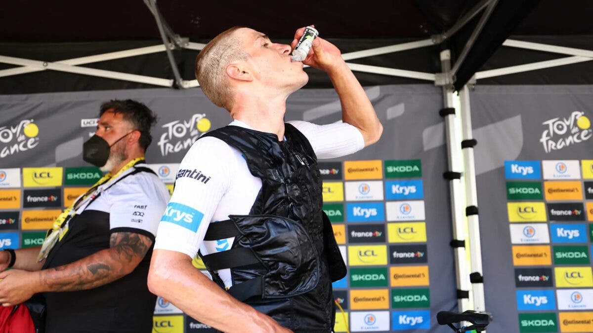 Evenepoel drinks a ketone shot at the Tour de France