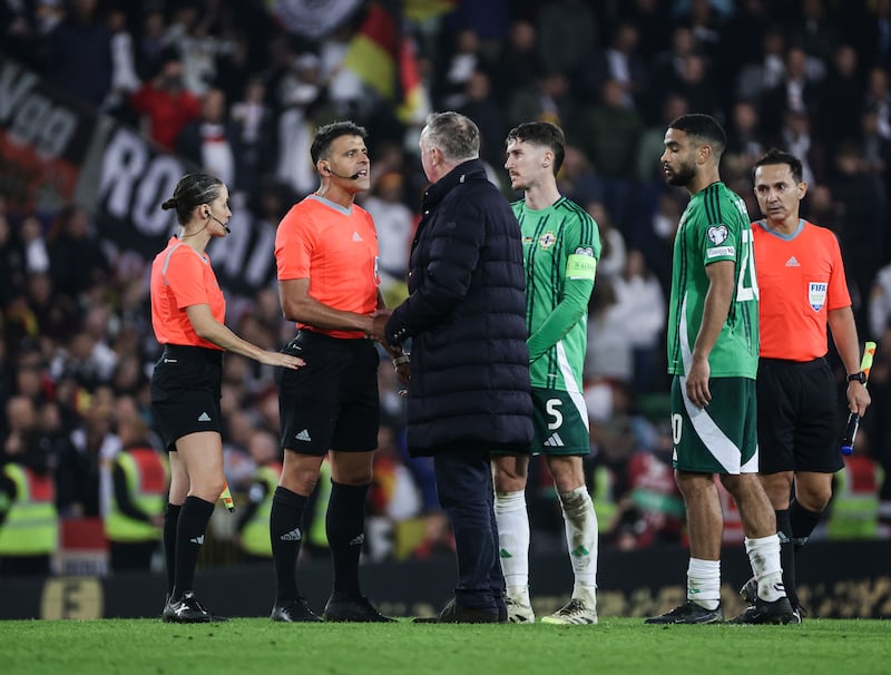 Northern Ireland manager Micheal O’Neill speaks to the referee after being defeated 1-0 by Germany during Monday night’s FIFA World Cup qualifier at the Clearer Twist National Stadium at Windsor Park.