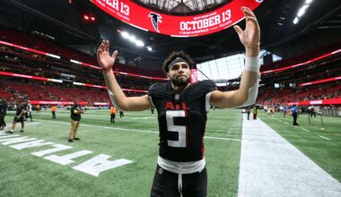 Wide receiver Drake London #5 of the Atlanta Falcons celebrates after the game against the Washington Commanders (file photo)